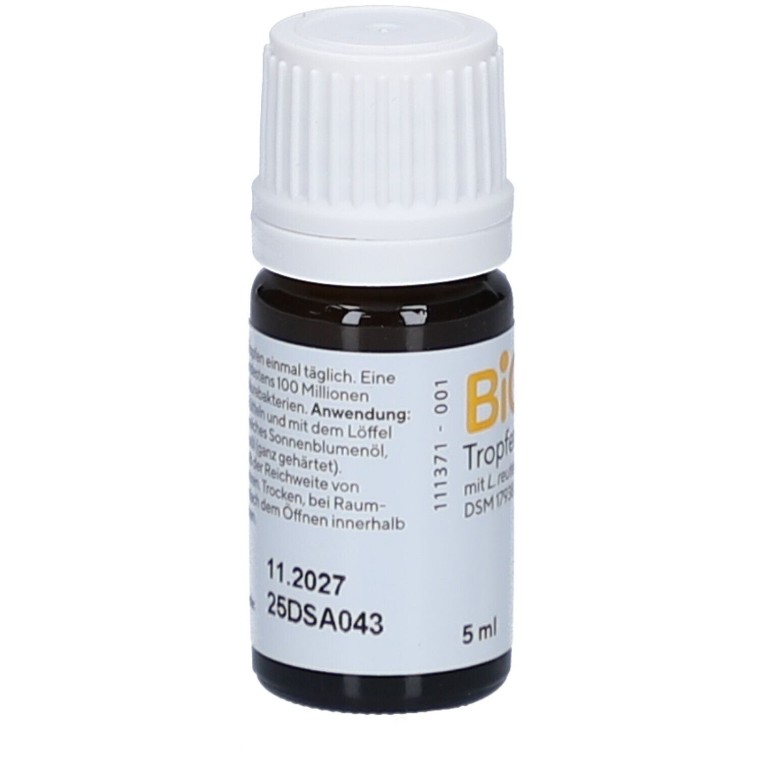 Braune Glasflasche mit weißem Verschluss. Etikett mit BiGaia Tropfen, Text und 5 ml. MHD: 11.2027.