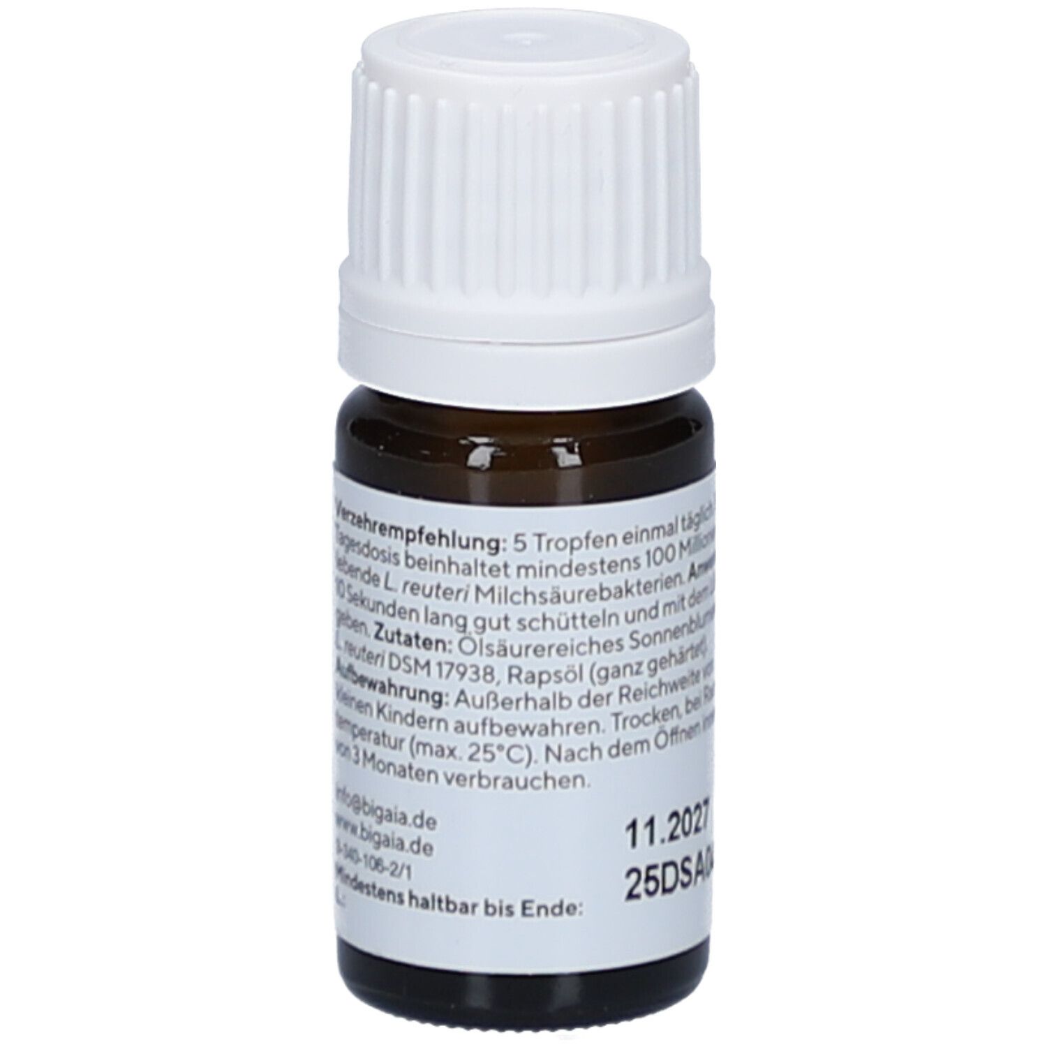 Braune Glasflasche mit weißem Verschluss. Etikett mit Text, BiGaia Tropfen und 5 ml. MHD: 11.2027.