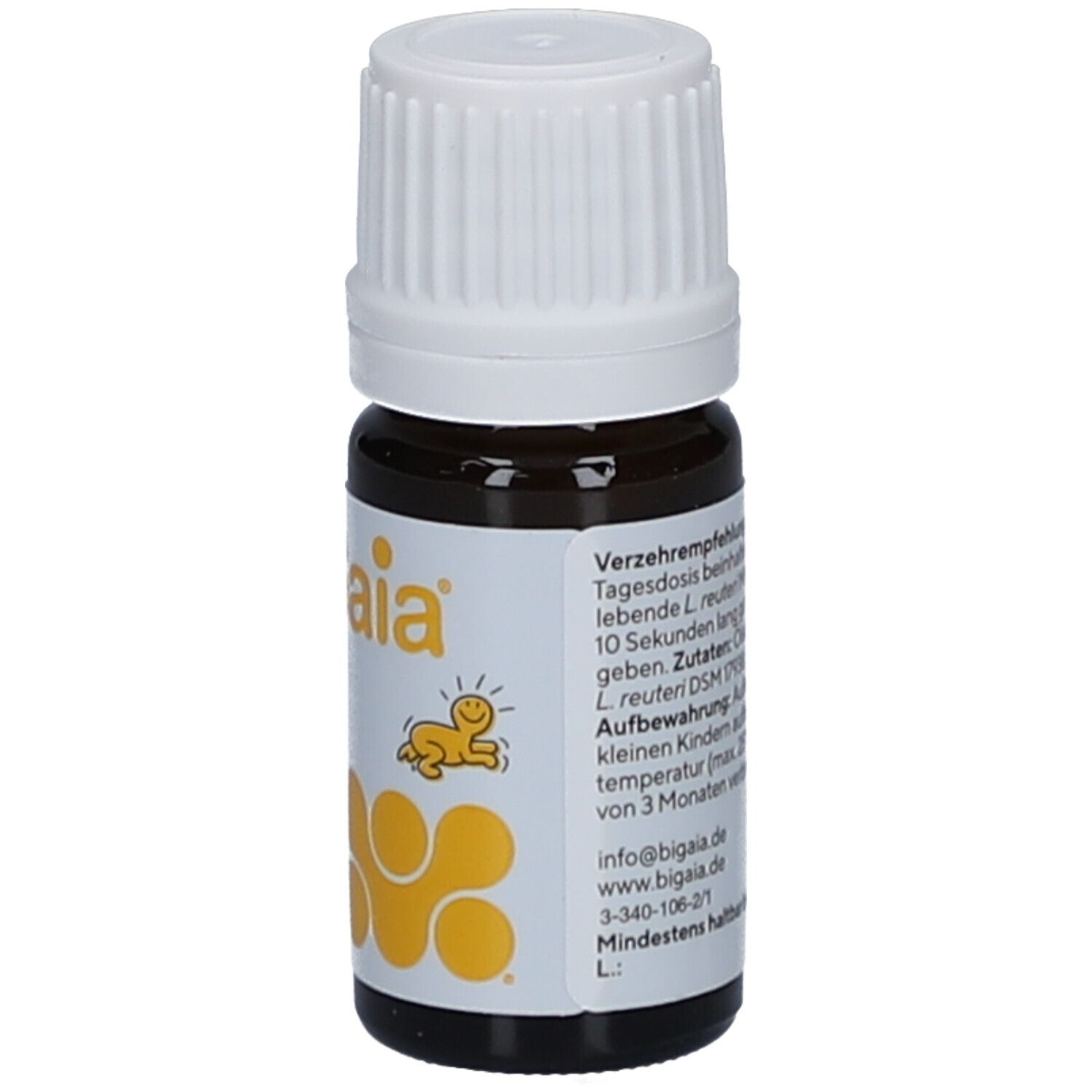 Braune Glasflasche mit weißem Verschluss. Etikett mit BiGaia Tropfen, gelbem Logo und 5 ml.