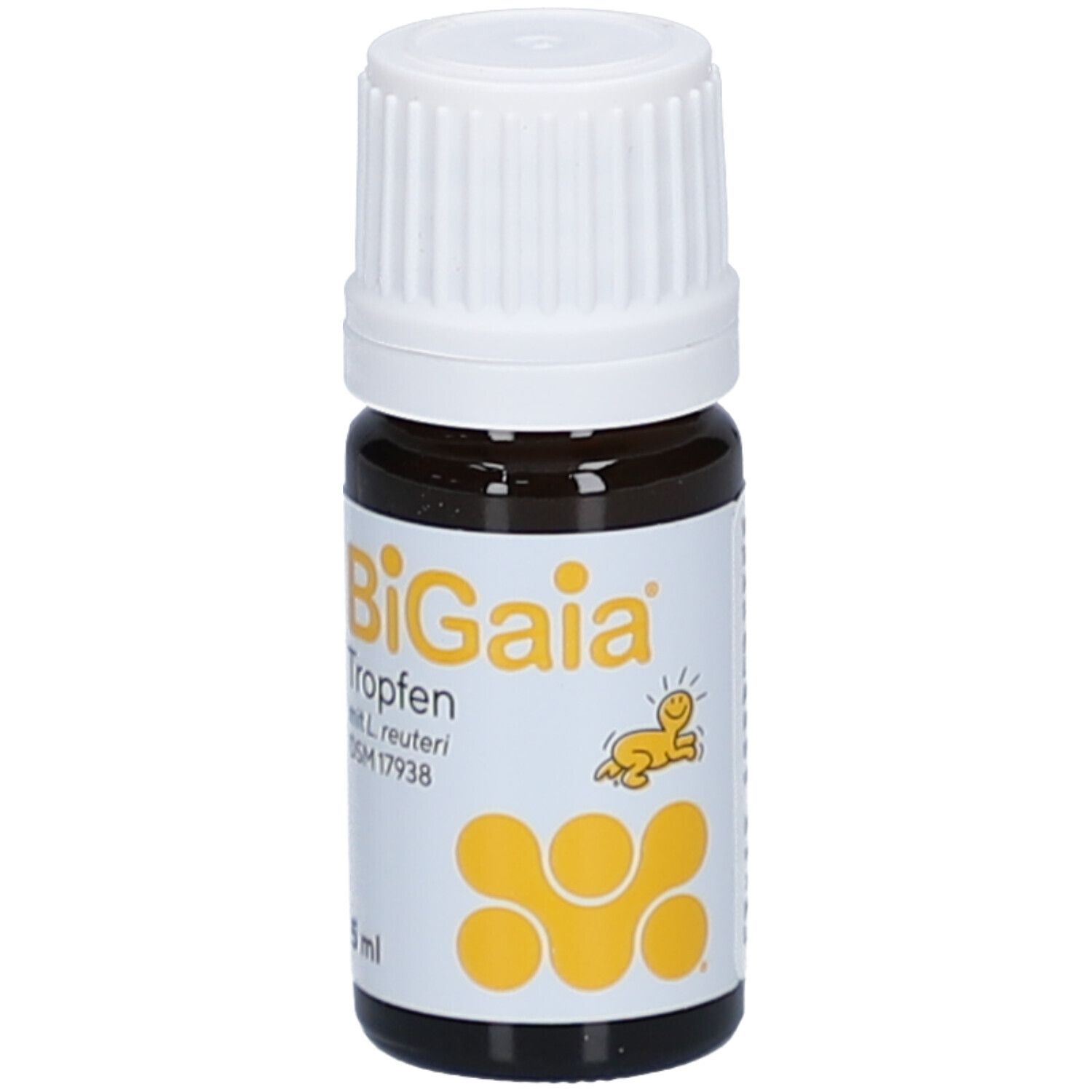 Braune Glasflasche mit weißem Verschluss. Etikett mit BiGaia Tropfen, gelbem Logo und 5 ml.