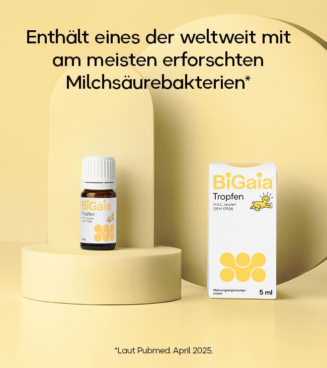 BiGaia Tropfen 5ml Fläschchen und Faltschachtel mit gelben Kreisen und Baby-Illustration.