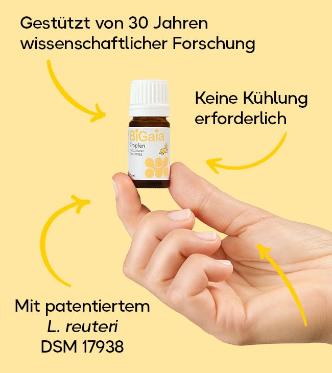 Kleine Glasflasche mit weißem Tropfverschluss, enthält gelbe Tropfen. Beschriftung: BiGaia Tropfen.