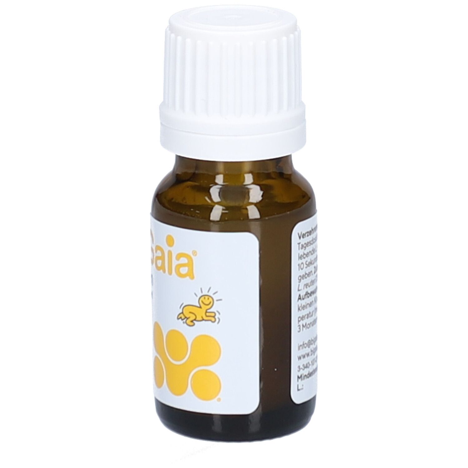 Braune Glasflasche mit weißem Verschluss. Aufschrift: BiGaia Tropfen mit L. reuteri. 10 ml.