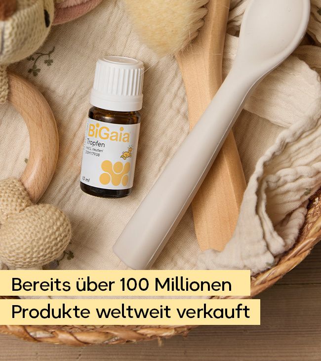 BiGaia Tropfen Fläschchen mit Pipette und Baby-Accessoires.