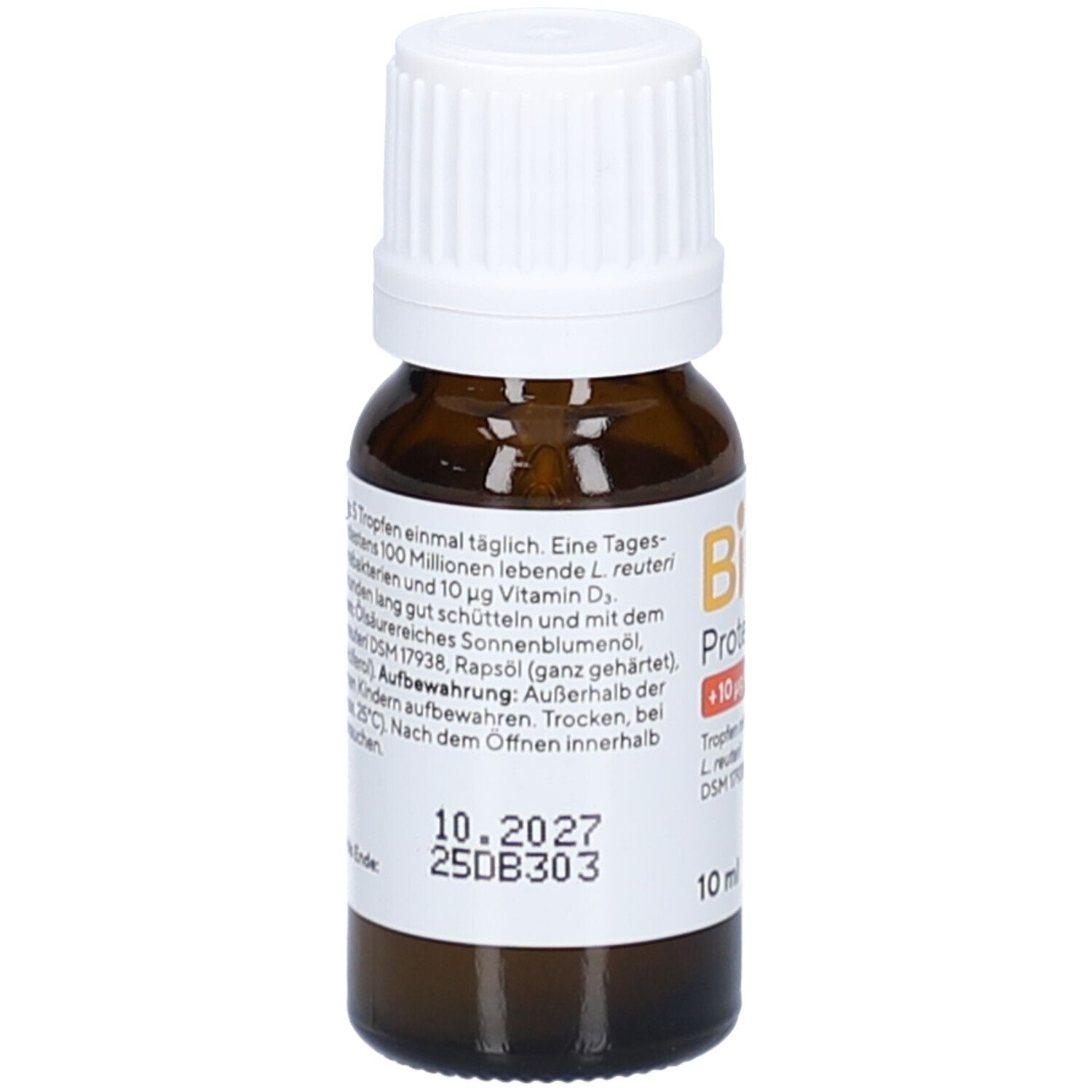 Braune Tropfenflasche mit weißem Deckel. Aufschrift: BiGaia Protectis + Vitamin D3. 10 ml.