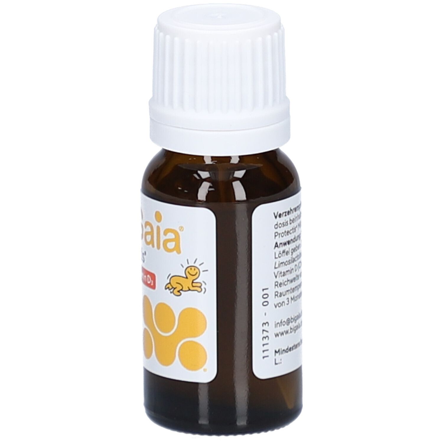 Braune Tropfenflasche mit weißem Deckel. Aufschrift: BiGaia Protectis + Vitamin D3. 10 ml.