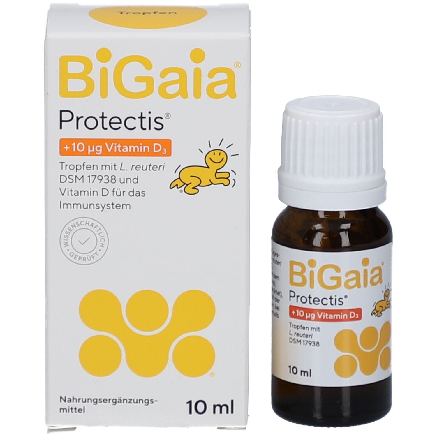 Schachtel und Flasche. Aufschrift: BiGaia Protectis + Vitamin D3. 10 ml.