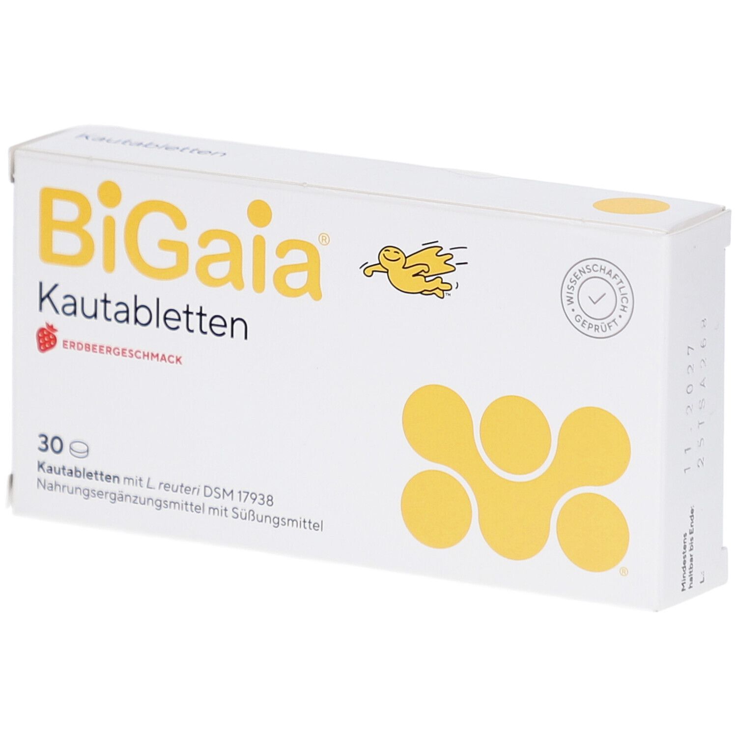 Weiße Schachtel mit BiGaia Kautabletten Erdbeergeschmack. 30 Tabletten. Gelbes Logo und Illustration. Seitenansicht.