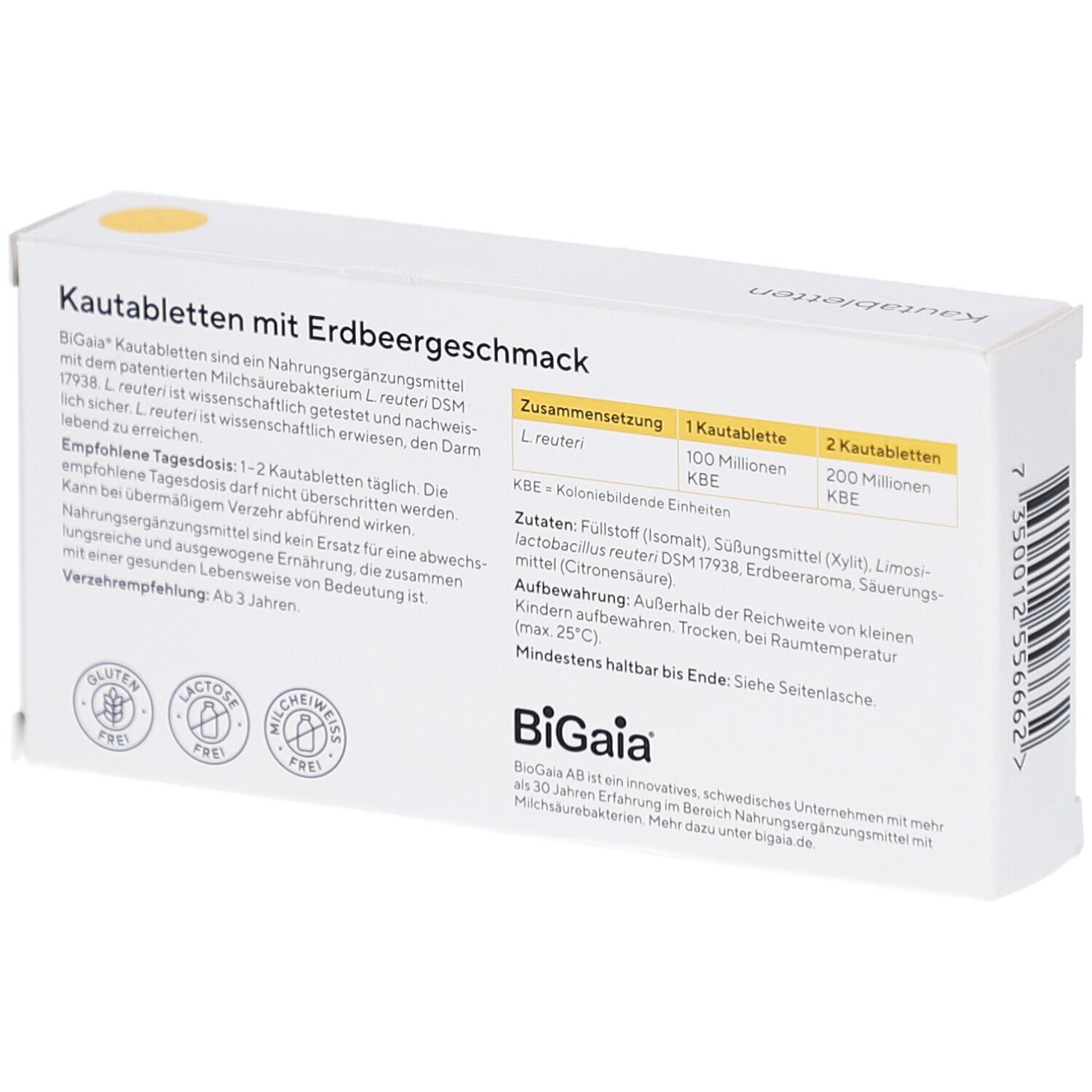Rückseite der BiGaia Kautabletten-Schachtel. Textinformationen, Inhaltsstoffe, Logos. Glutenfrei, laktosefrei.