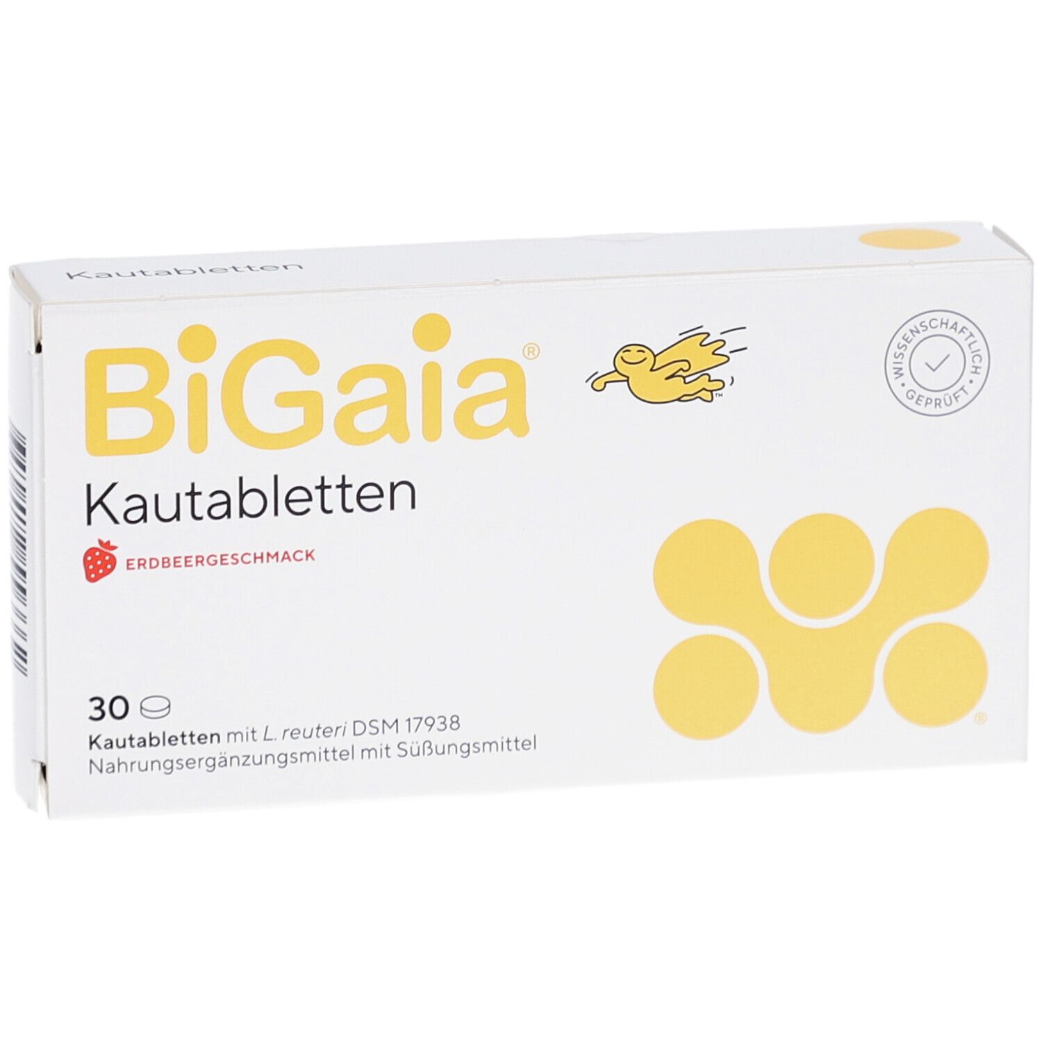 Weiße Schachtel mit BiGaia Kautabletten Erdbeergeschmack. 30 Tabletten. Gelbes Logo und Illustration.