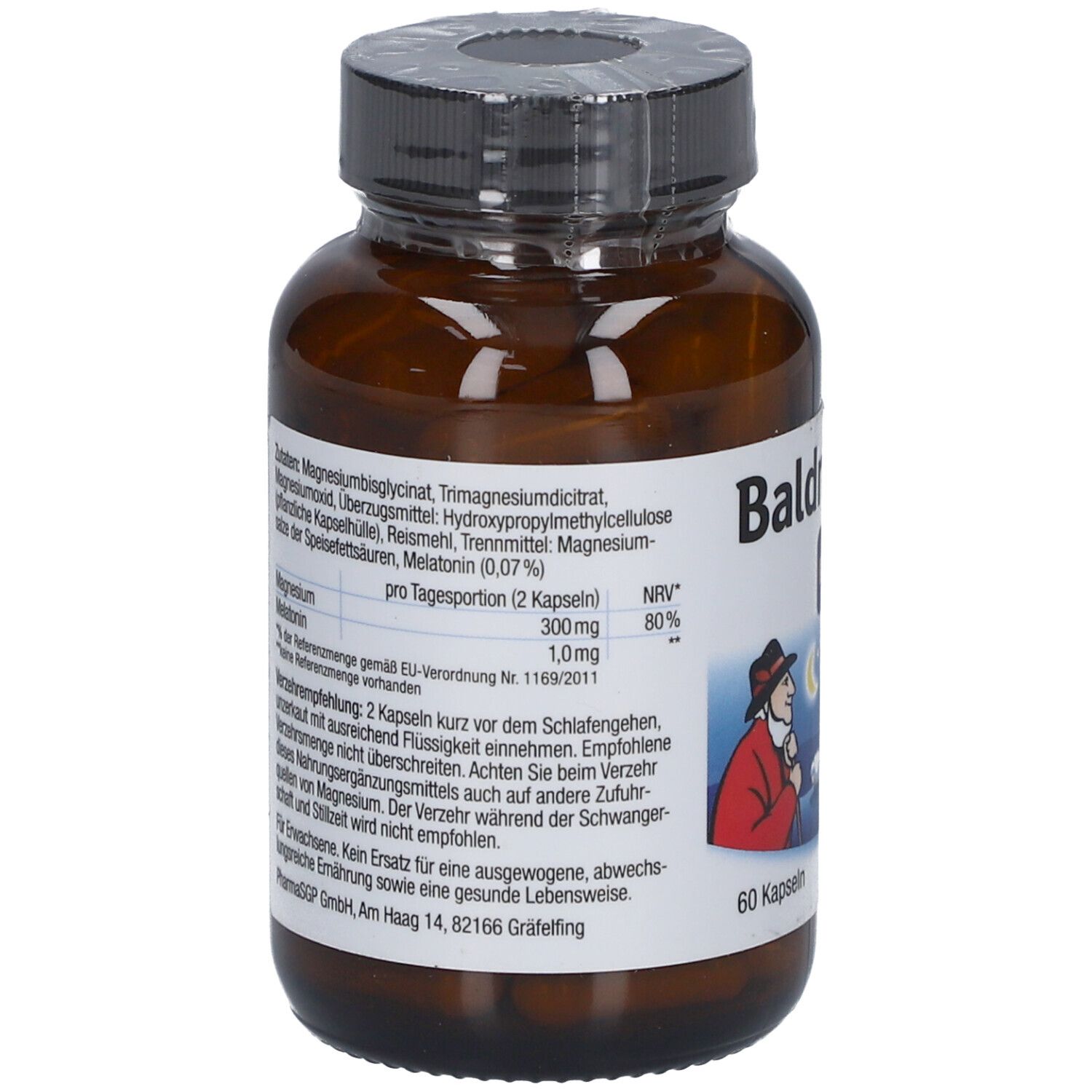 Braune Glasflasche mit Kapseln. Rückseite mit Inhaltsstoffen und Dosierungshinweisen. Aufschrift: Baldriparan.