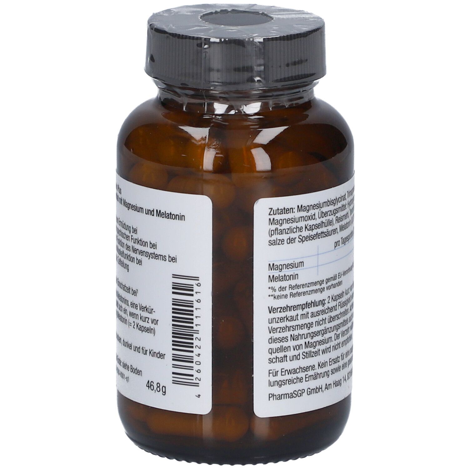 Braune Glasflasche mit Kapseln. Rückseite mit Inhaltsstoffen und Dosierungshinweisen. Aufschrift: Baldriparan.