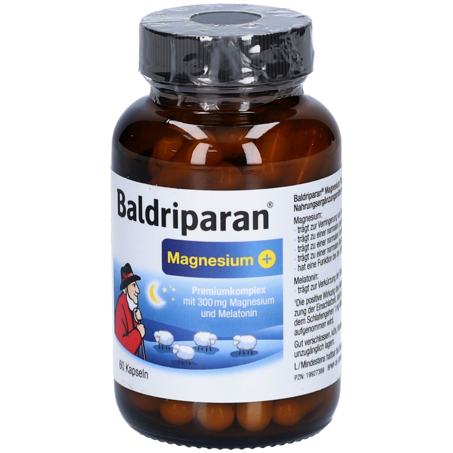 Braune Glasflasche mit Kapseln. Aufschrift: Baldriparan Magnesium Plus. Abbildung: Mann mit Schafen.
