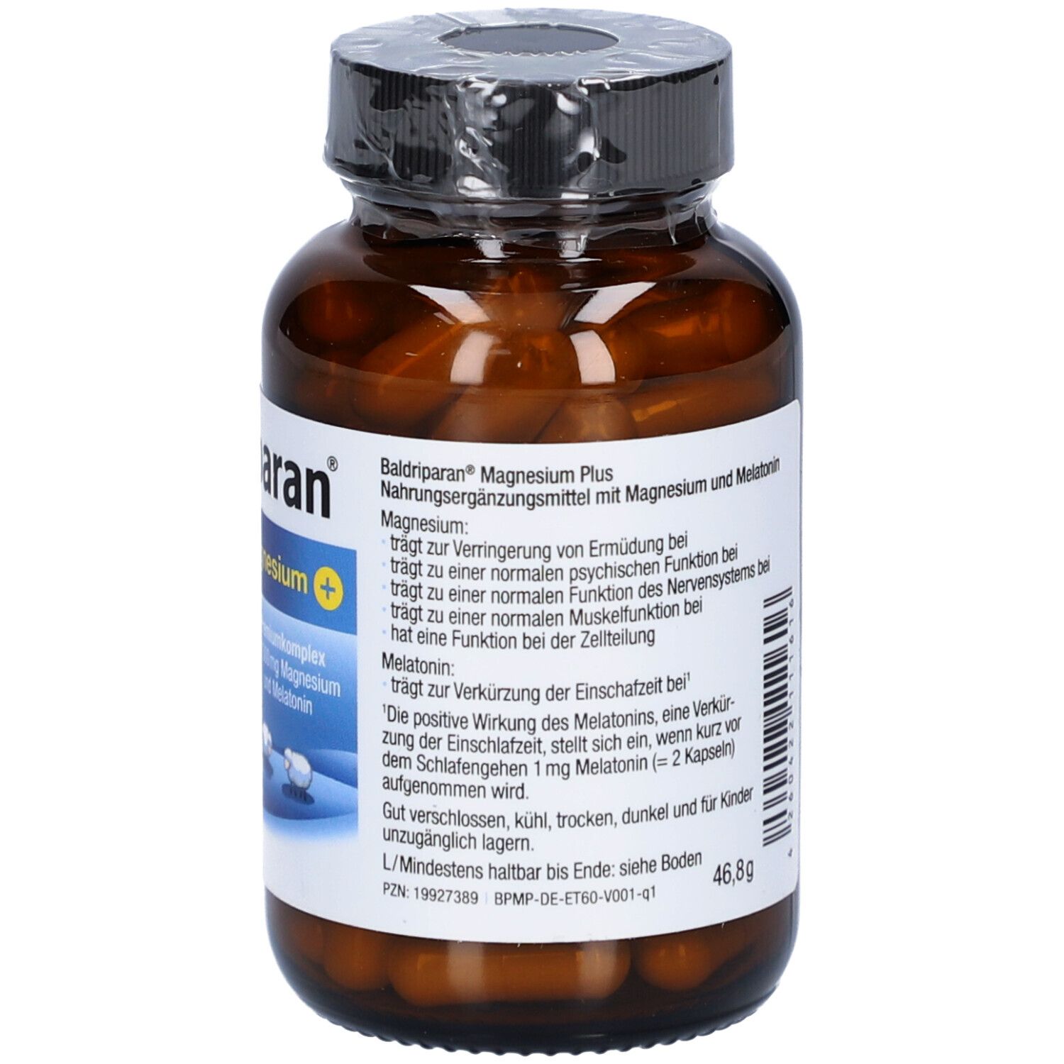 Braune Glasflasche mit Kapseln. Aufschrift: Baldriparan Magnesium Plus. Angaben zu Inhaltsstoffen und Dosierung.