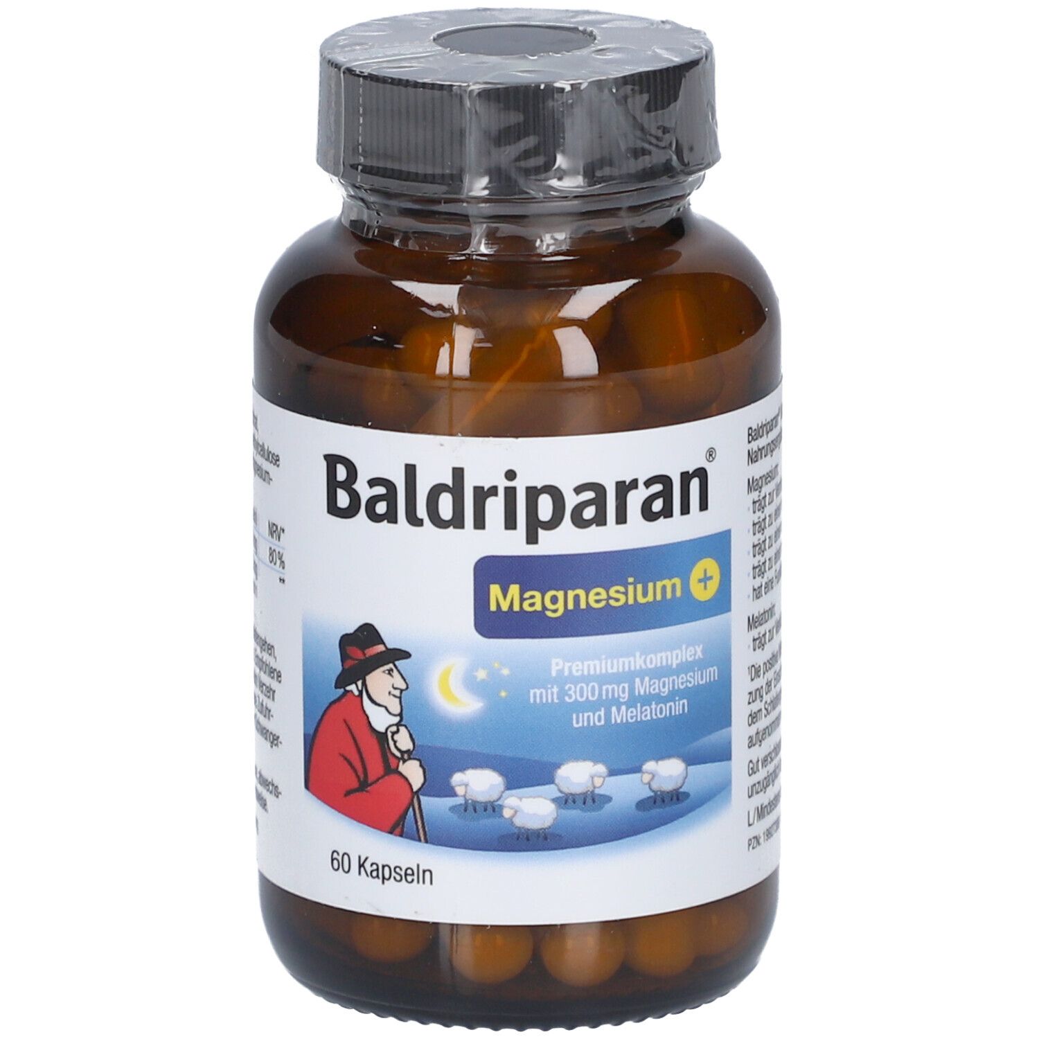 Braune Glasflasche mit Kapseln. Aufschrift: Baldriparan Magnesium Plus. Abbildung: Mann mit Schafen.