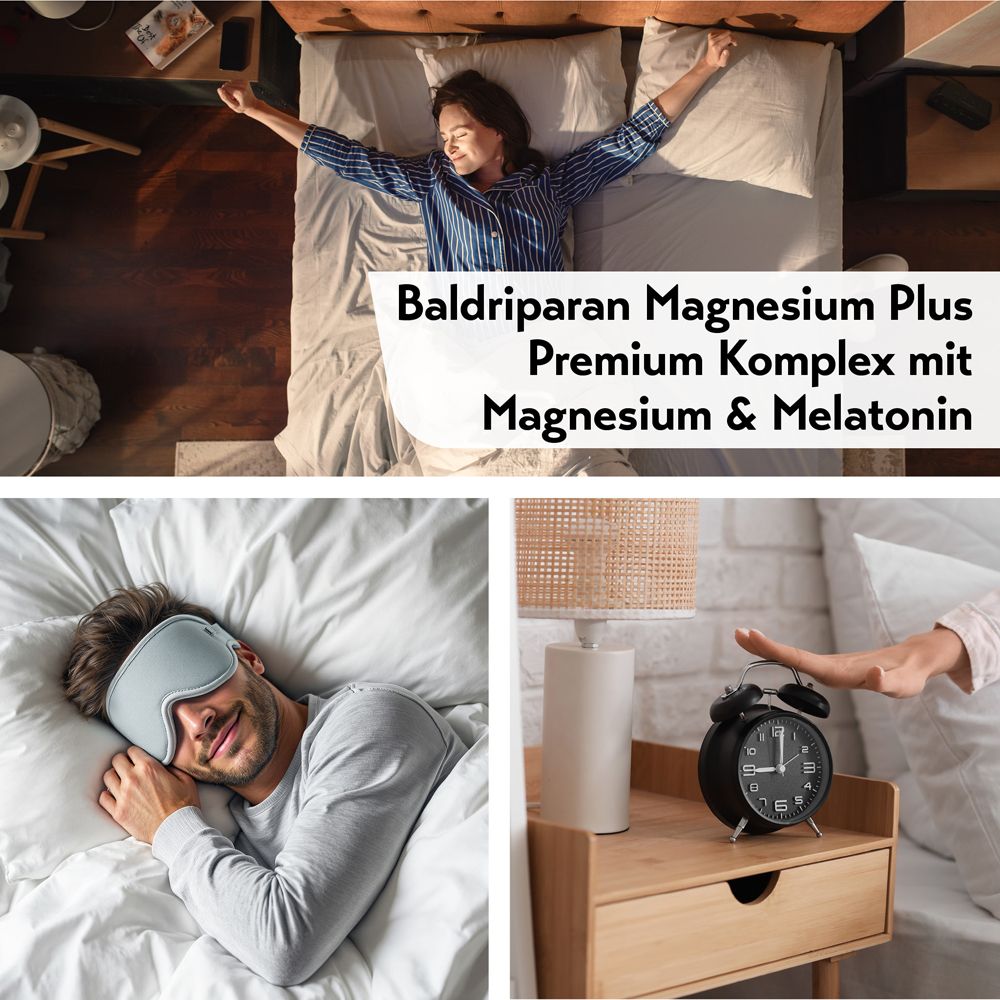 Collage: Frau streckt sich im Bett, Mann schläft mit Schlafmaske, Wecker wird abgestellt.