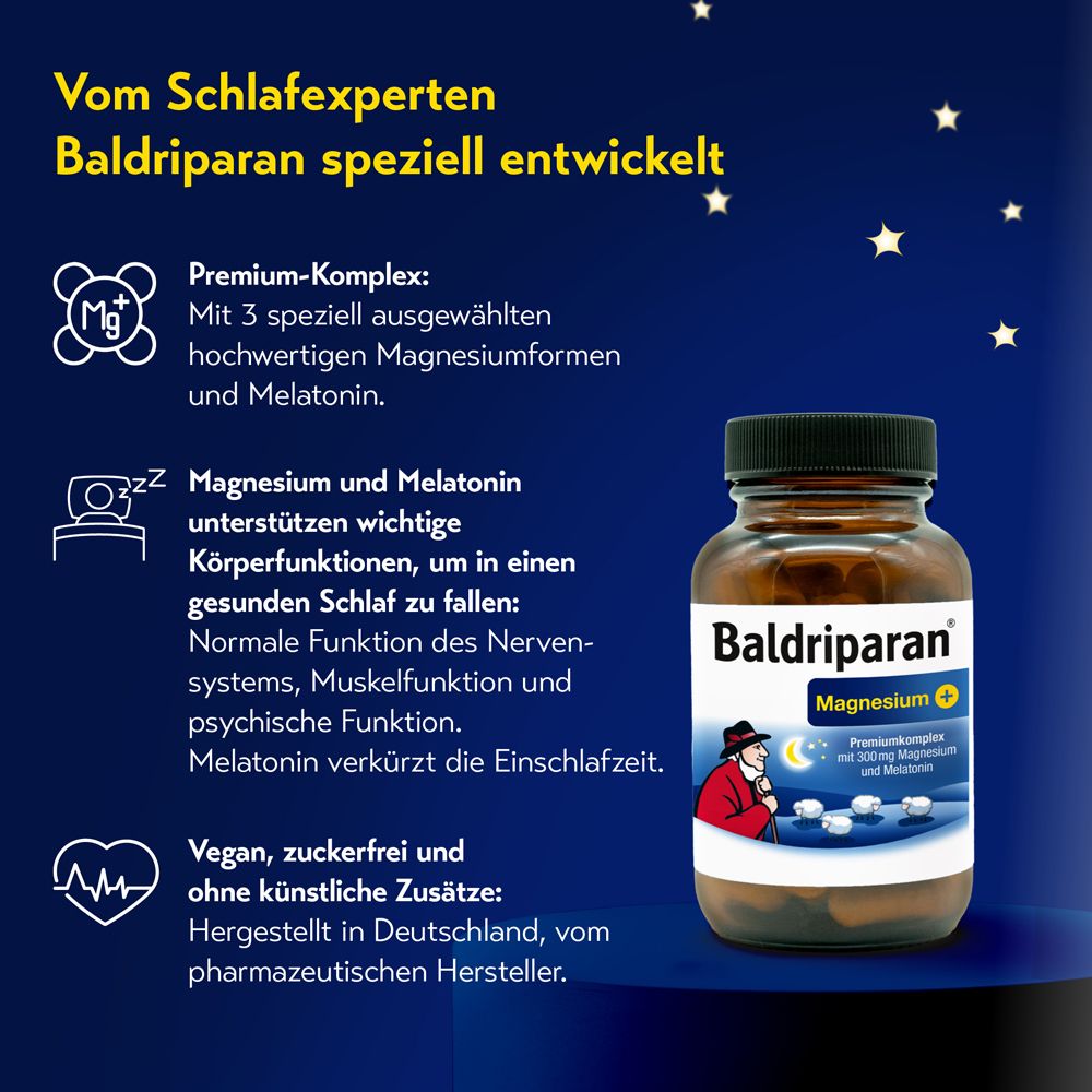 Flasche Baldriparan Magnesium Plus neben Text über Premium-Komplex, vegan, zuckerfrei, hergestellt in Deutschland.