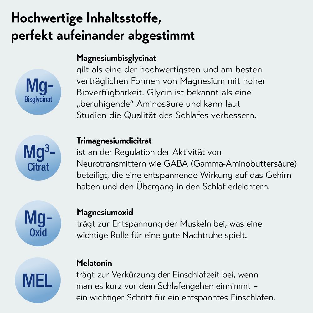 Erklärung der Inhaltsstoffe: Magnesiumbisglycinat, Trimagnesiumdicitrat, Magnesiumoxid, Melatonin. Baldriparan.