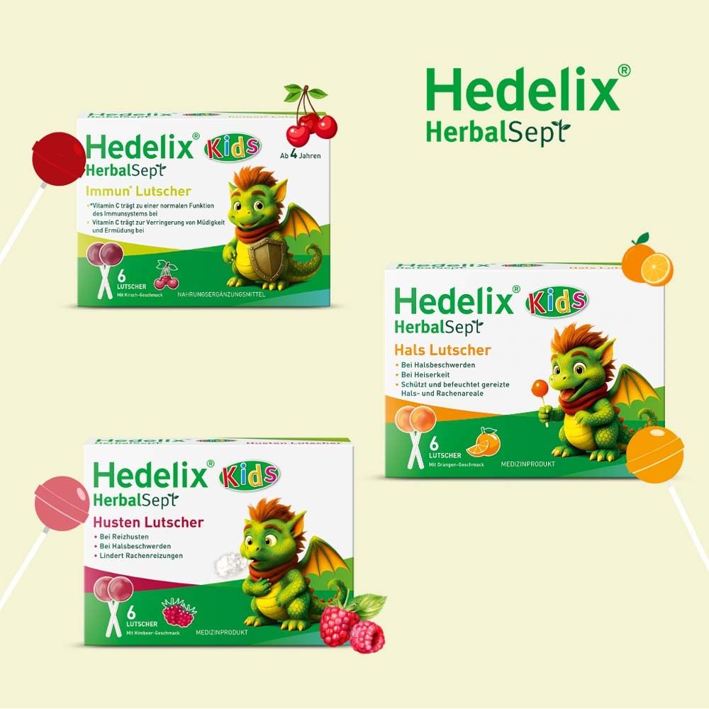 Drei Verpackungen von Hedelix HerbalSept Kids. Immun Lutscher, Husten Lutscher, Hals Lutscher. Mit Kirsche, Orange, Himbeere.