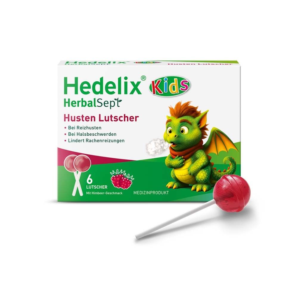 Schachtel mit Husten-Lutschern. Marke: Hedelix HerbalSept Kids. 6 Lutschern, Himbeer-Geschmack. Medizinprodukt.