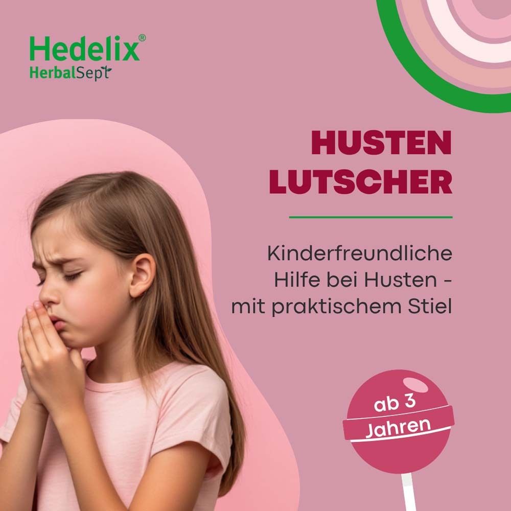 Werbung für Husten-Lutscher. Kind hustet. Text: Kinderfreundliche Hilfe bei Husten. Ab 3 Jahren.