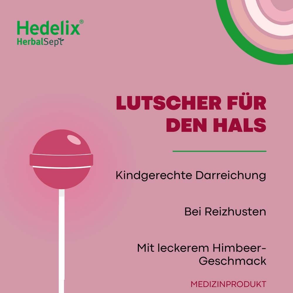 Werbung für Husten-Lutscher. Lutscher-Abbildung. Text: Lutschern für den Hals. Himbeer-Geschmack. Medizinprodukt.