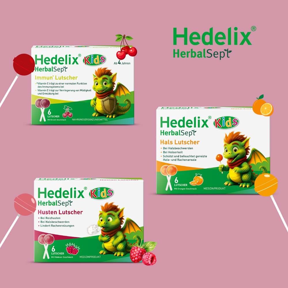 Drei Schachteln Husten-Lutscher. Hedelix HerbalSept Kids. Verschiedene Geschmacksrichtungen. 6 Lutschern pro Packung.