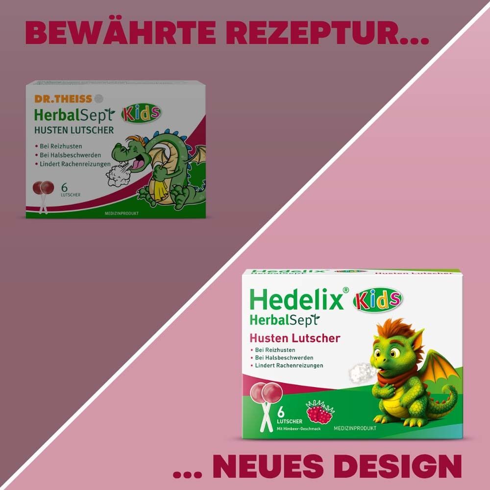 Zwei Schachteln Husten-Lutscher. Hedelix HerbalSept Kids. Neues Design. 6 Lutschern pro Packung.
