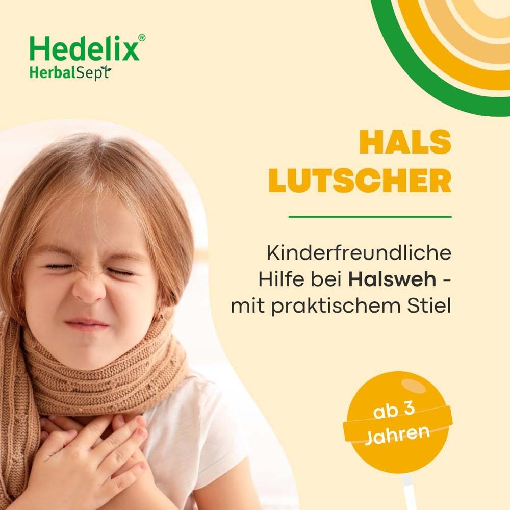 Kind mit Halstuch. Text: Hals Lutscher. Kinderfreundliche Hilfe bei Halsweh - mit praktischem Stiel. Ab 3 Jahren.