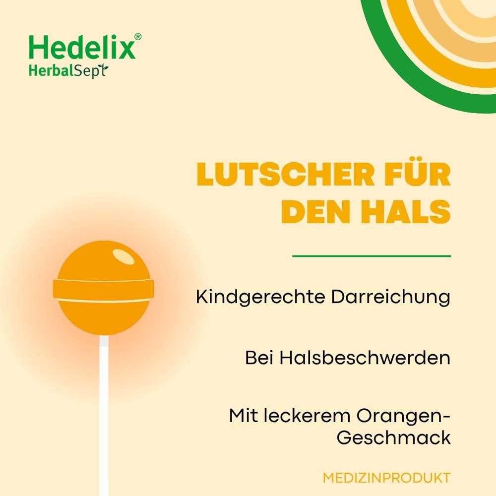 Gelber Lutscher auf Stiel. Text: Lutscher für den Hals. Kindergerechte Darreichung. Bei Halsschmerzen. Mit Orangengeschmack.