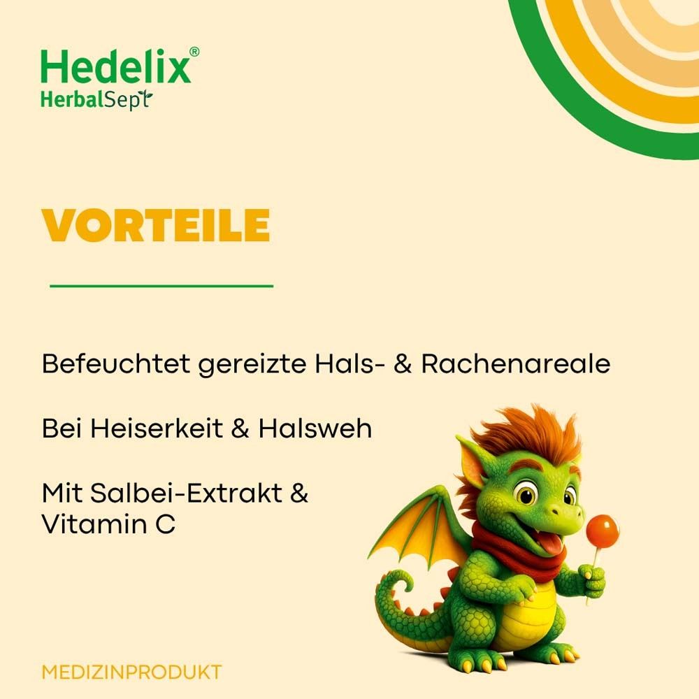 Text: Vorteile. Befeuchtet gereizte Hals- & Rachenareale. Bei Heiserkeit & Halsweh. Mit Salbei-Extrakt & Vitamin C. Grüner Drache.