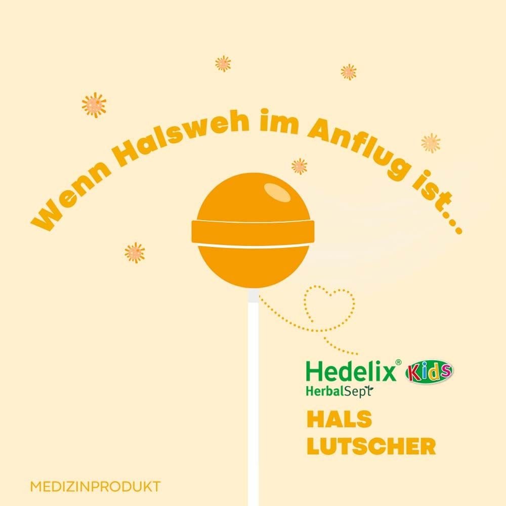 Gelber Lutscher auf Stiel. Text: Wenn Halsweh im Anflug ist... Hedelix HerbalSept Hals Lutscher. Medizinprodukt.