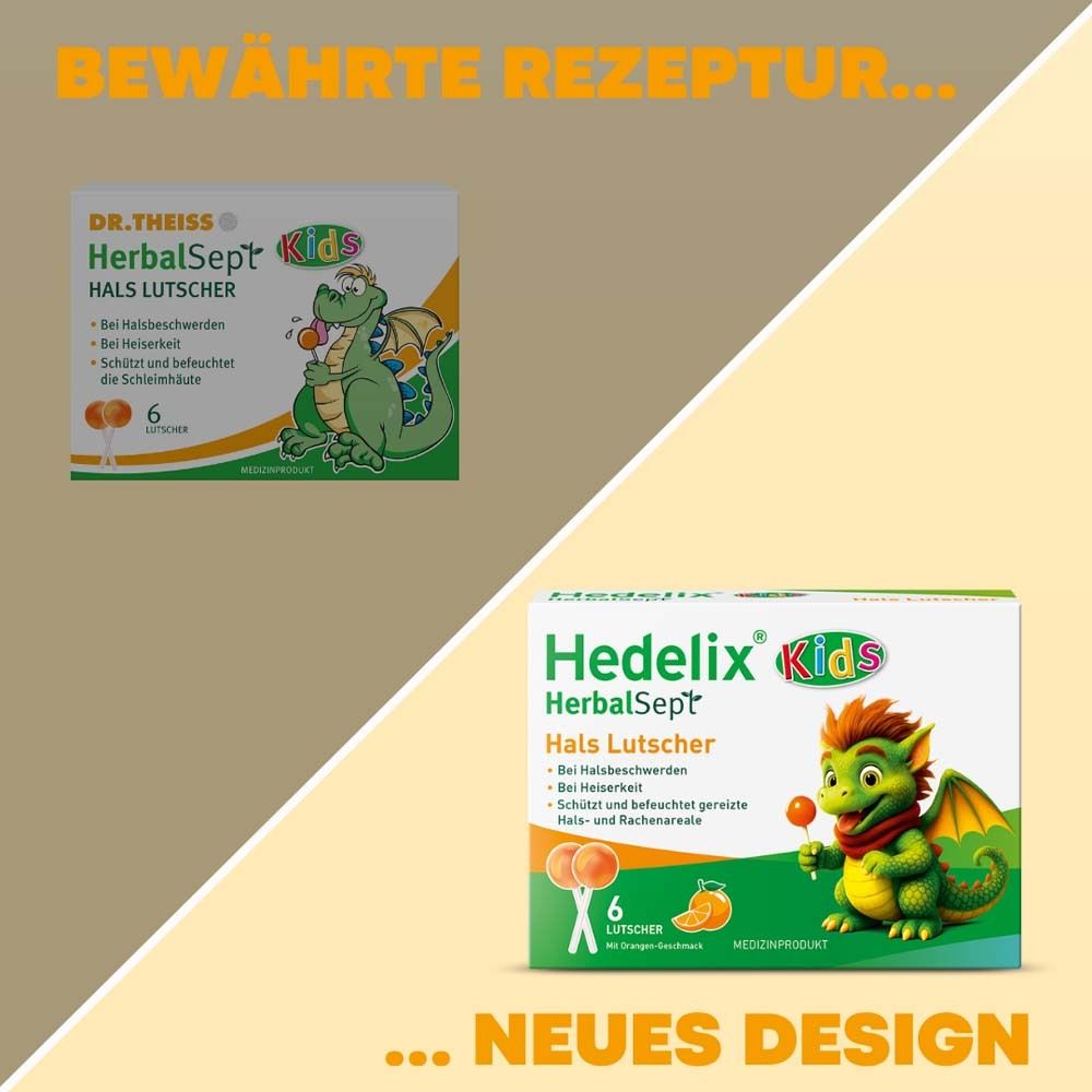 Zwei Packungen Hedelix HerbalSept Hals Lutscher Kids. Neues Design. Altes Design mit Drachen.