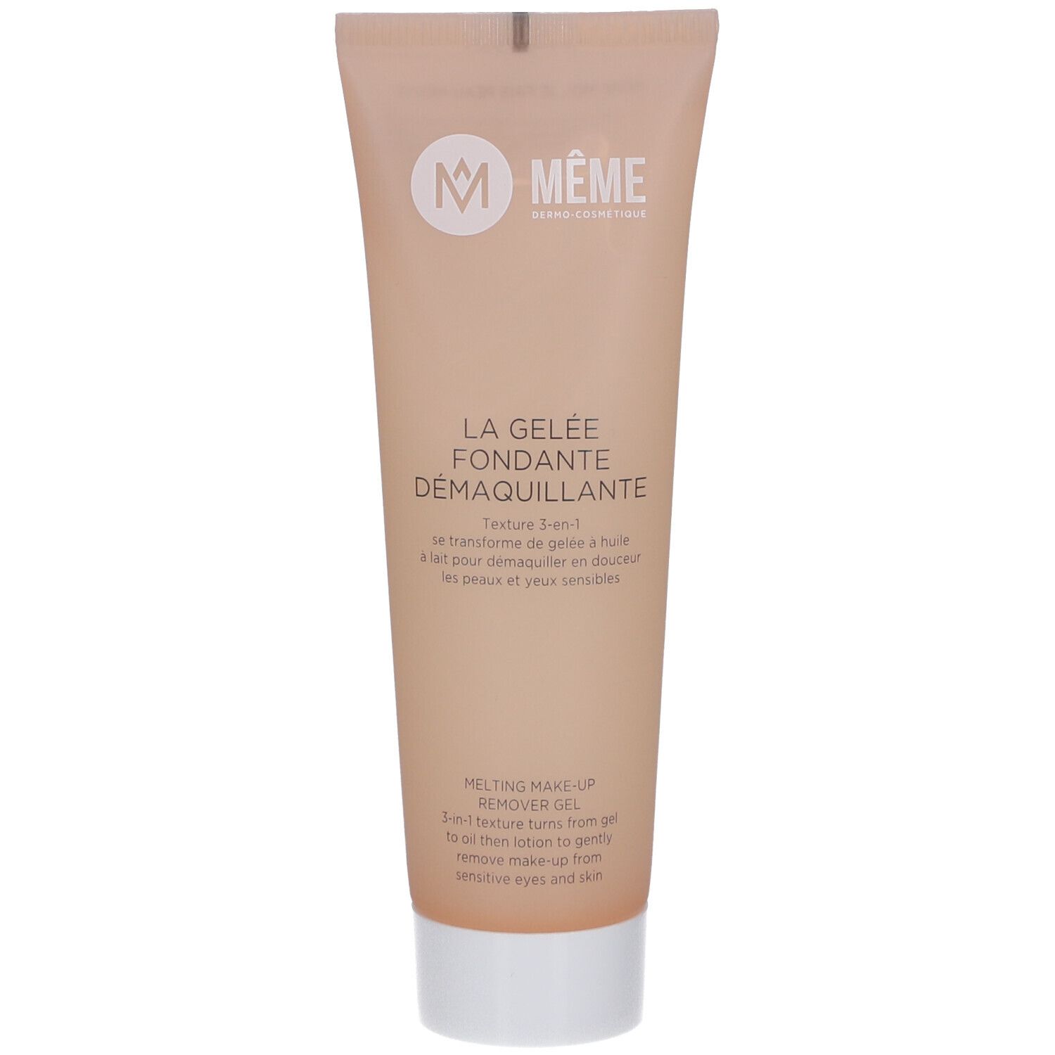 Beige Tube mit weißem Deckel. Oben Logo und Schriftzug MÊME. Darunter Schriftzug: LA GELÉE FONDANTE DÉMAQUILLANTE. Text in Französisch und Englisch.