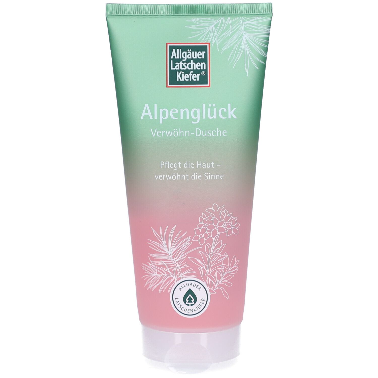 Tube Alpenglück Verwöhn-Dusche. Grün-rosa Farbverlauf. Logo Allgäuer Latschenkiefer. Text: Verwöhn-Dusche, Pflegt die Haut - verwöhnt die Sinne.