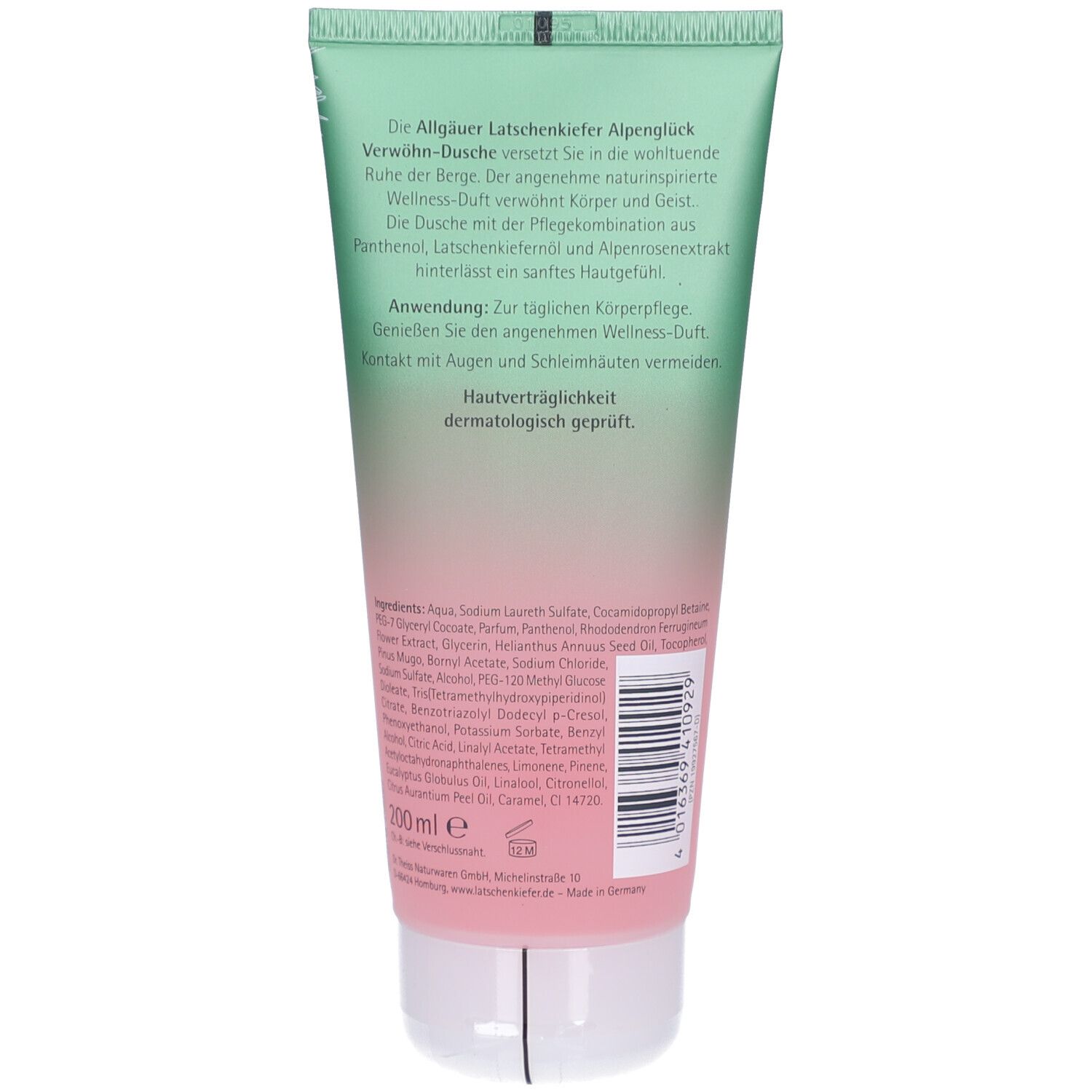 Rückseite der Tube Alpenglück Verwöhn-Dusche. Text: Informationen zum Produkt, Inhaltsstoffe, Anwendung, dermatologisch geprüft. 200 ml.