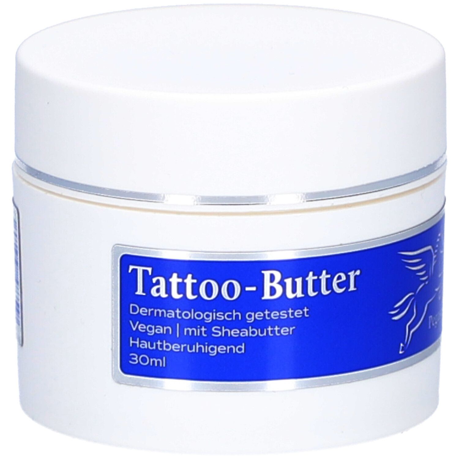 Weiße Dose mit blauem Etikett. Beschriftung: Tattoo-Butter, Dermatologisch getestet, Vegan, mit Sheabutter, Hautberuhigend, 30ml.