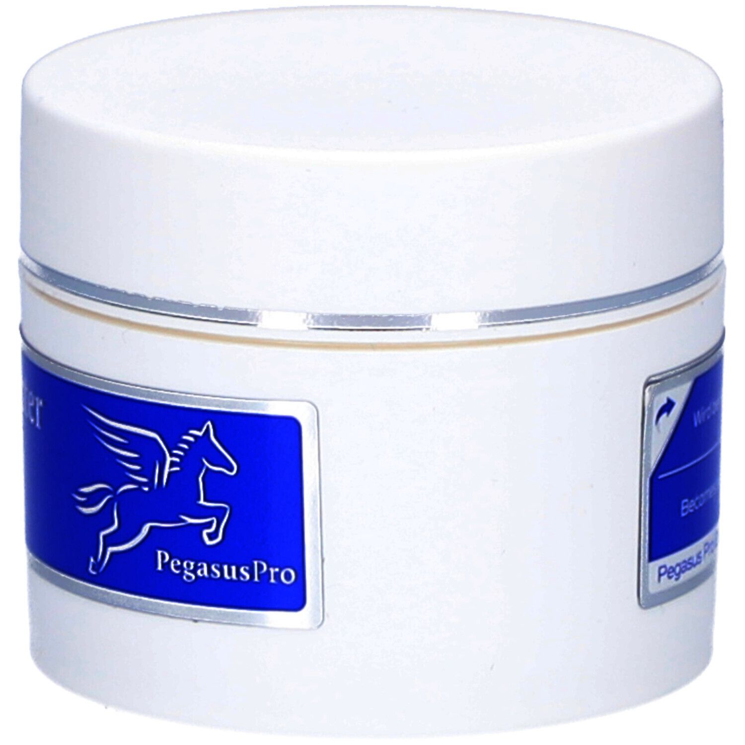 Weiße Dose mit blauem Etikett und Pegasus-Logo. Beschriftung: PegasusPro, Tattoo-Butter, Dermatologisch getestet, Vegan, mit Sheabutter, Hautberuhigend, 30ml.