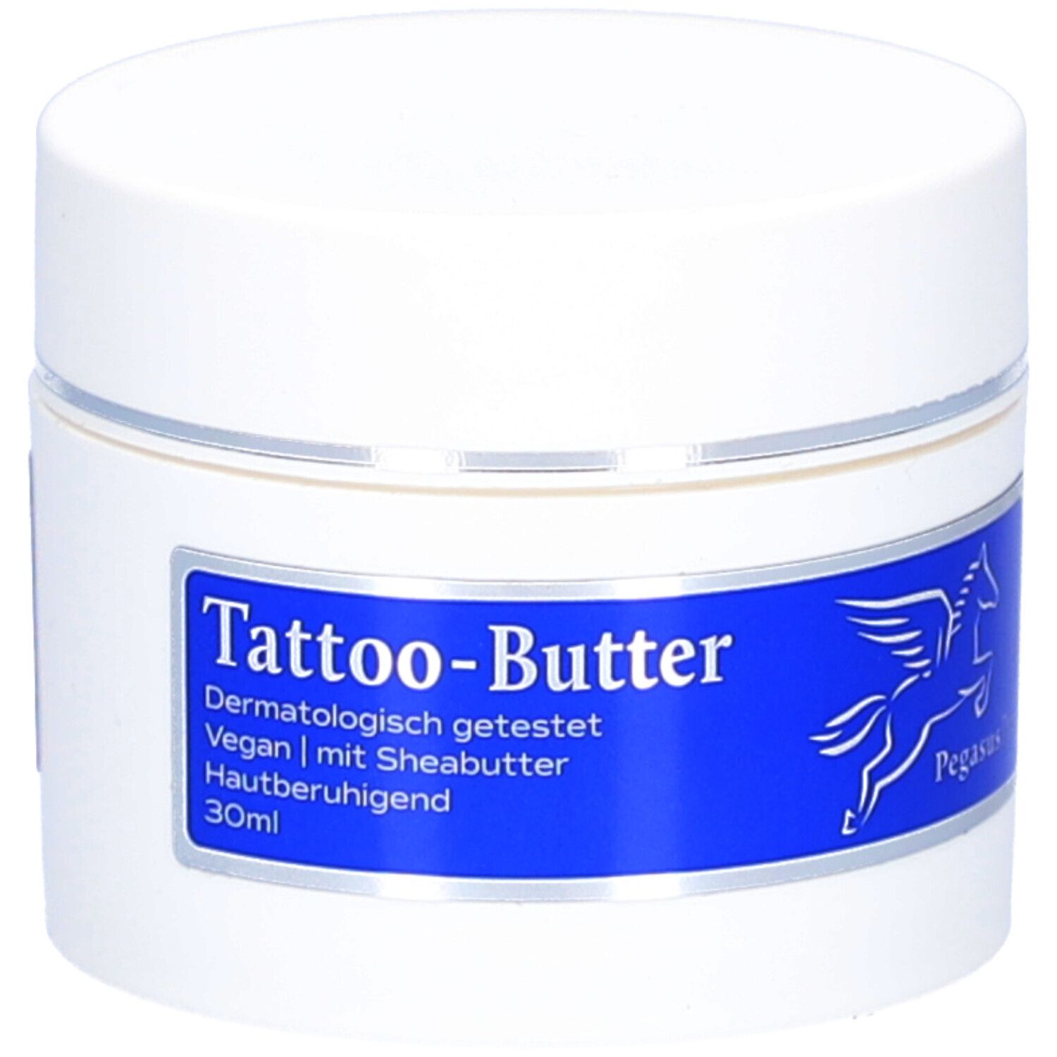 Weiße Dose mit blauem Etikett und Pegasus-Logo. Beschriftung: Tattoo-Butter, Dermatologisch getestet, Vegan, mit Sheabutter, Hautberuhigend, 30ml.