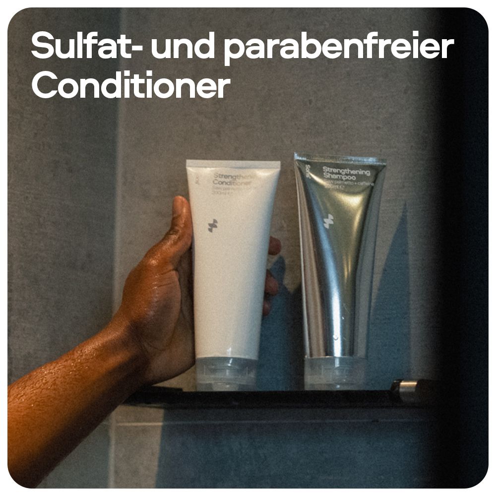 Zwei Tuben Conditioner. Text: Sulfat- und parabenfreier Conditioner. Hand hält Tuben.