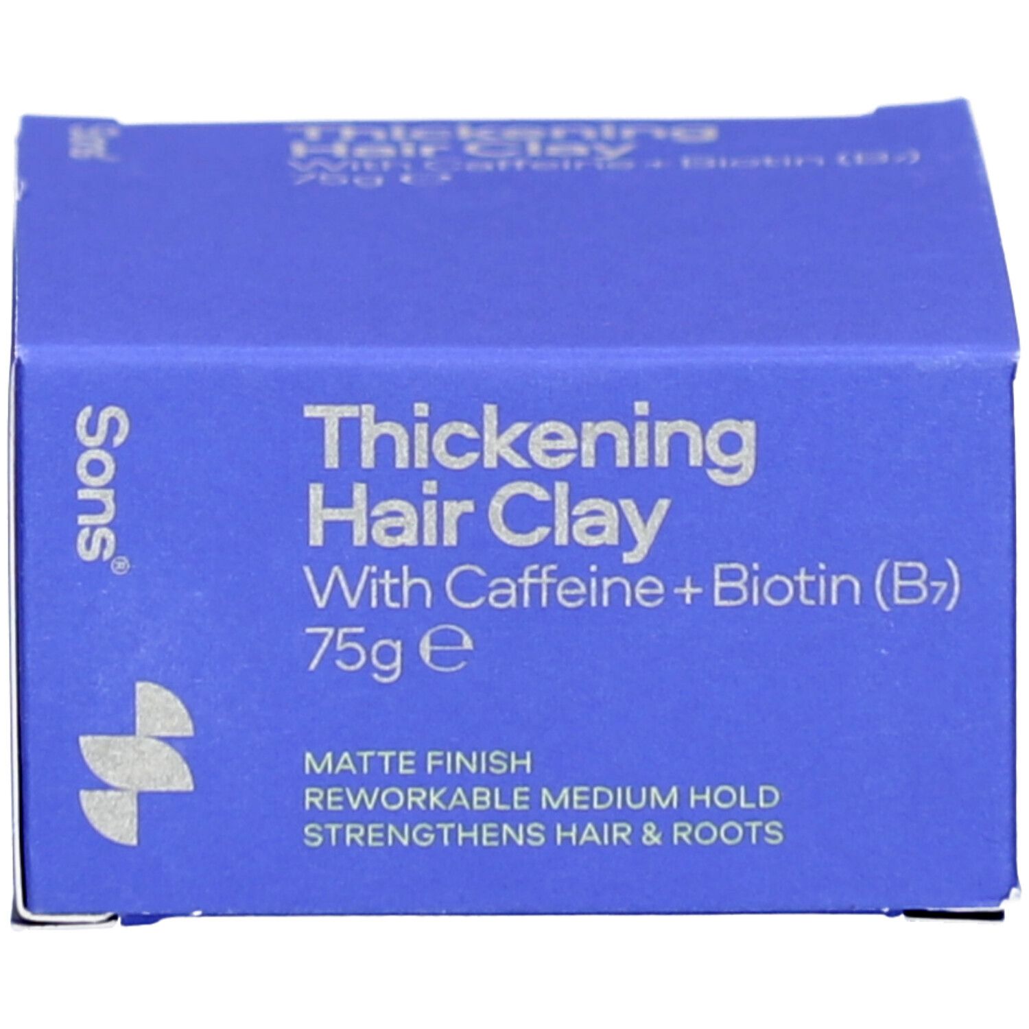 Blauer Karton. Aufschrift: Thickening Hair Clay, With Caffeine + Biotin (B7). Marke: Sons. 75g e.