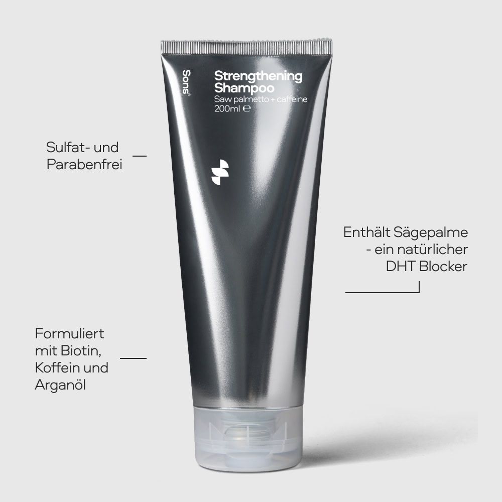 Silberfarbene Tube mit Shampoo. Text: Enthält Sägepalme, DHT Blocker. Formuliert mit Biotin, Koffein und Arganöl.