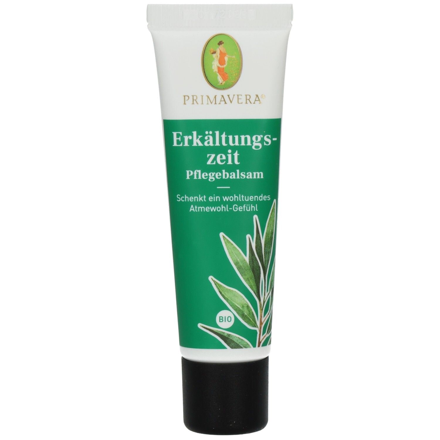 Tube mit PRIMAVERA Erkältungszeit Pflegebalsam bio. Weiß, grün, schwarzer Verschluss. Logo und Produktbezeichnung.