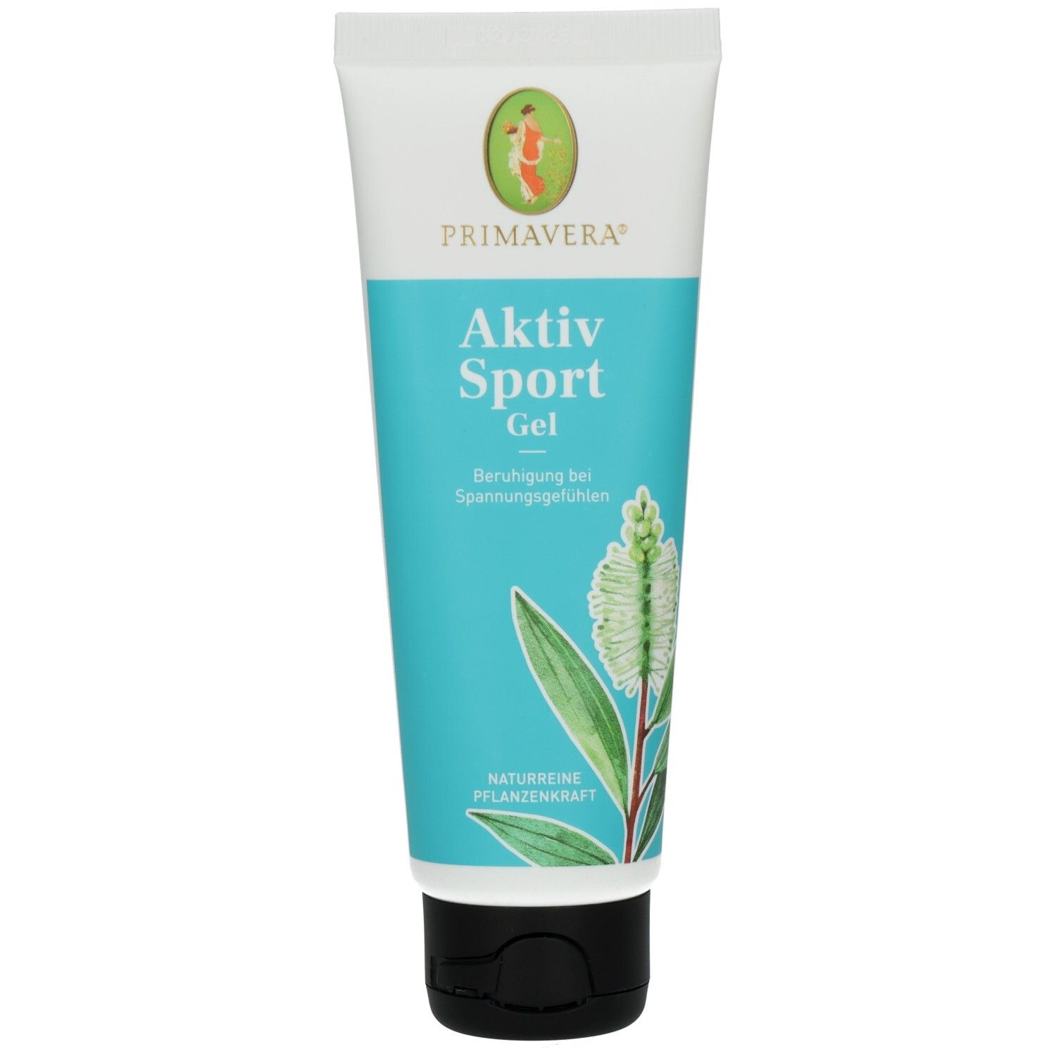 Tube mit weißem Deckel. Aufschrift: PRIMAVERA, Aktiv Sport Gel. Türkisfarbener Hintergrund mit Pflanzenabbildung.