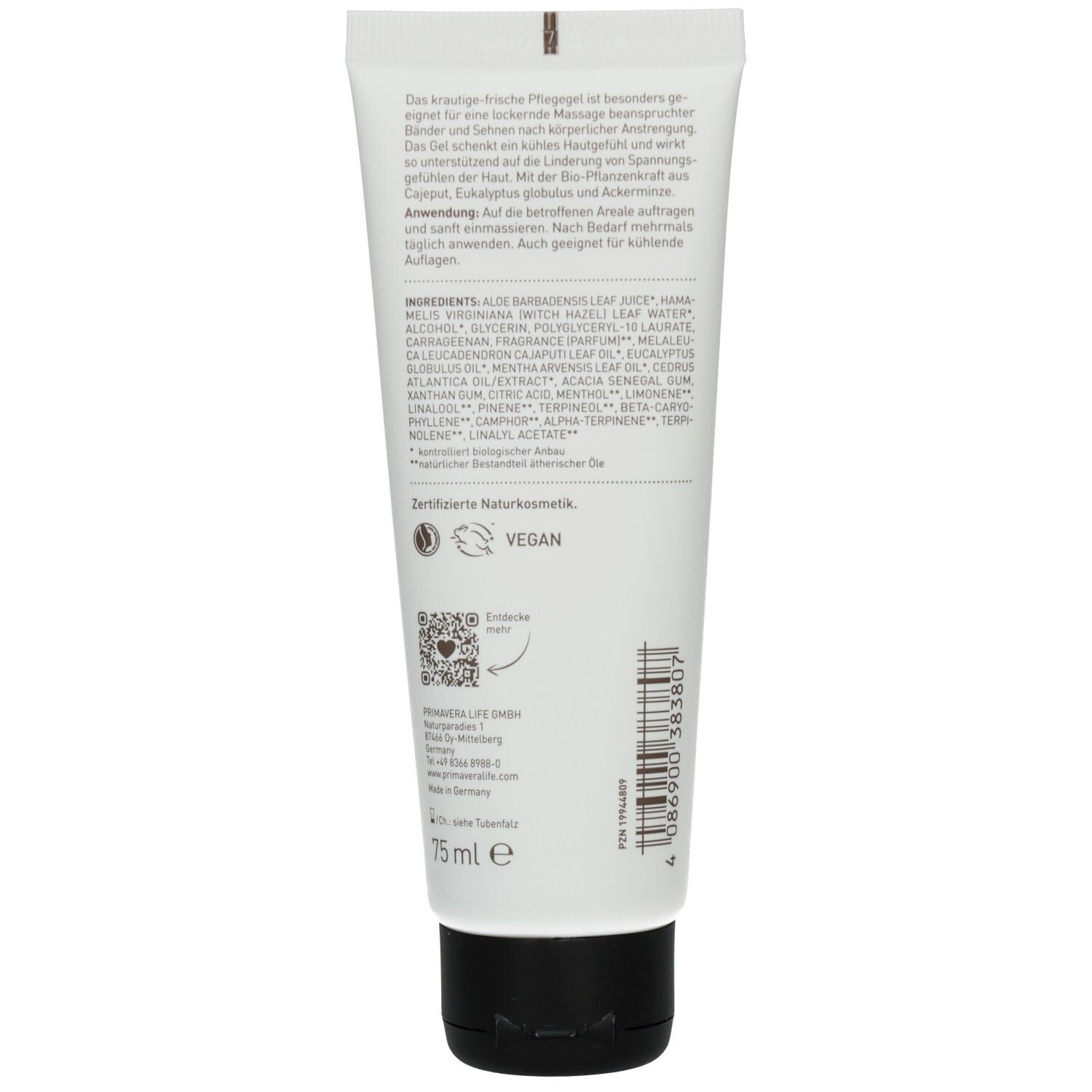 Rückseite der Tube. Text mit Inhaltsstoffen und Zertifizierungen. Schwarzer Deckel. 75 ml.