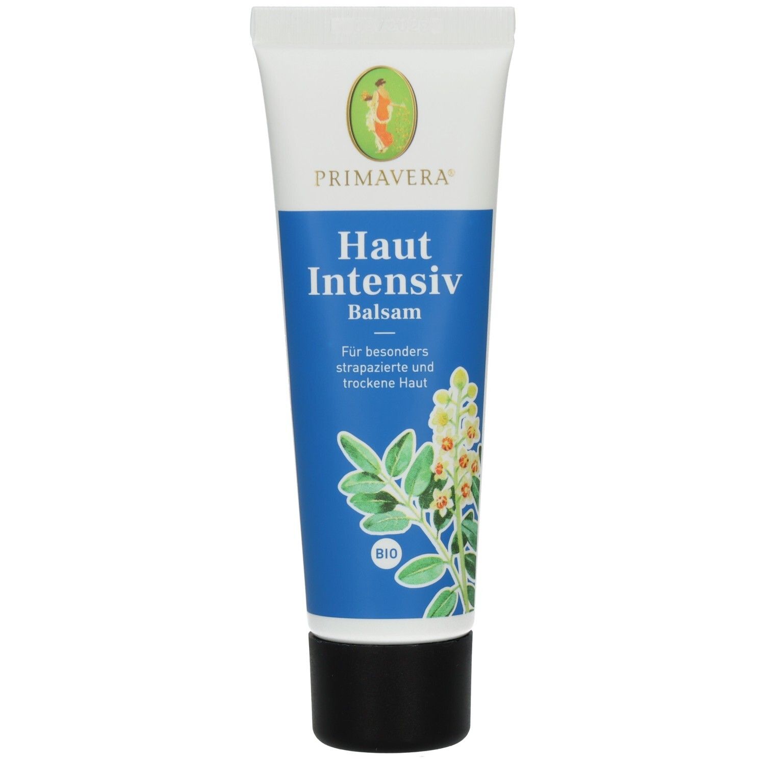 Tube mit Produktaufschrift 'Haut Intensiv Balsam'. Blaue und weiße Farbgebung, grüne Pflanzenillustration. 'BIO' Siegel.