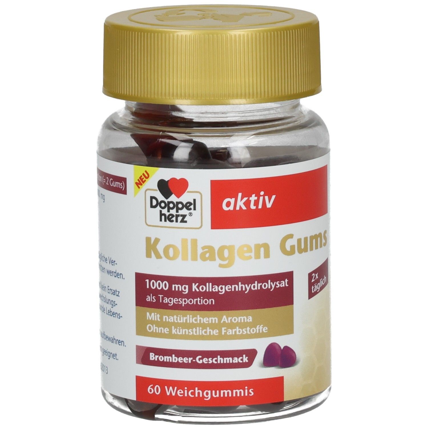 Doppelherz aktiv Kollagen Gums: Glas mit 60 Weichgummis, Brombeer-Geschmack, 1000 mg Kollagenhydrolysat.