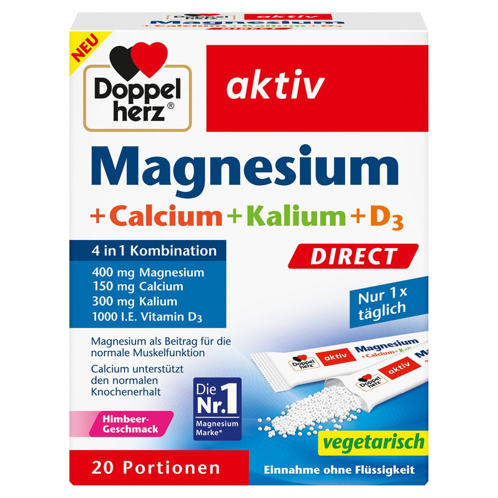 Schachtel mit Doppelherz Magnesium+Calcium+Kalium+D3 DIRECT. Enthält 20 Portionen. Mit Himbeer-Geschmack. Vegetarisch.