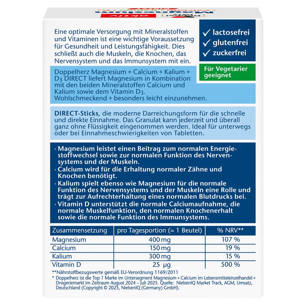 Rückseite der Schachtel mit Informationen zu Doppelherz Magnesium+Calcium+Kalium+D3 DIRECT. Enthält Nährwertangaben.