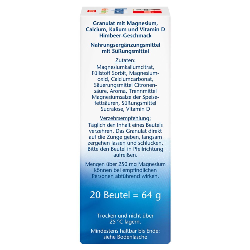 Seite der Schachtel mit Zutatenliste und Verzehrempfehlung für Doppelherz Magnesium+Calcium+Kalium+D3 DIRECT.